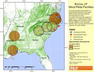 Map of proposed and existing Enviva Pellet Mills in the Southern US
