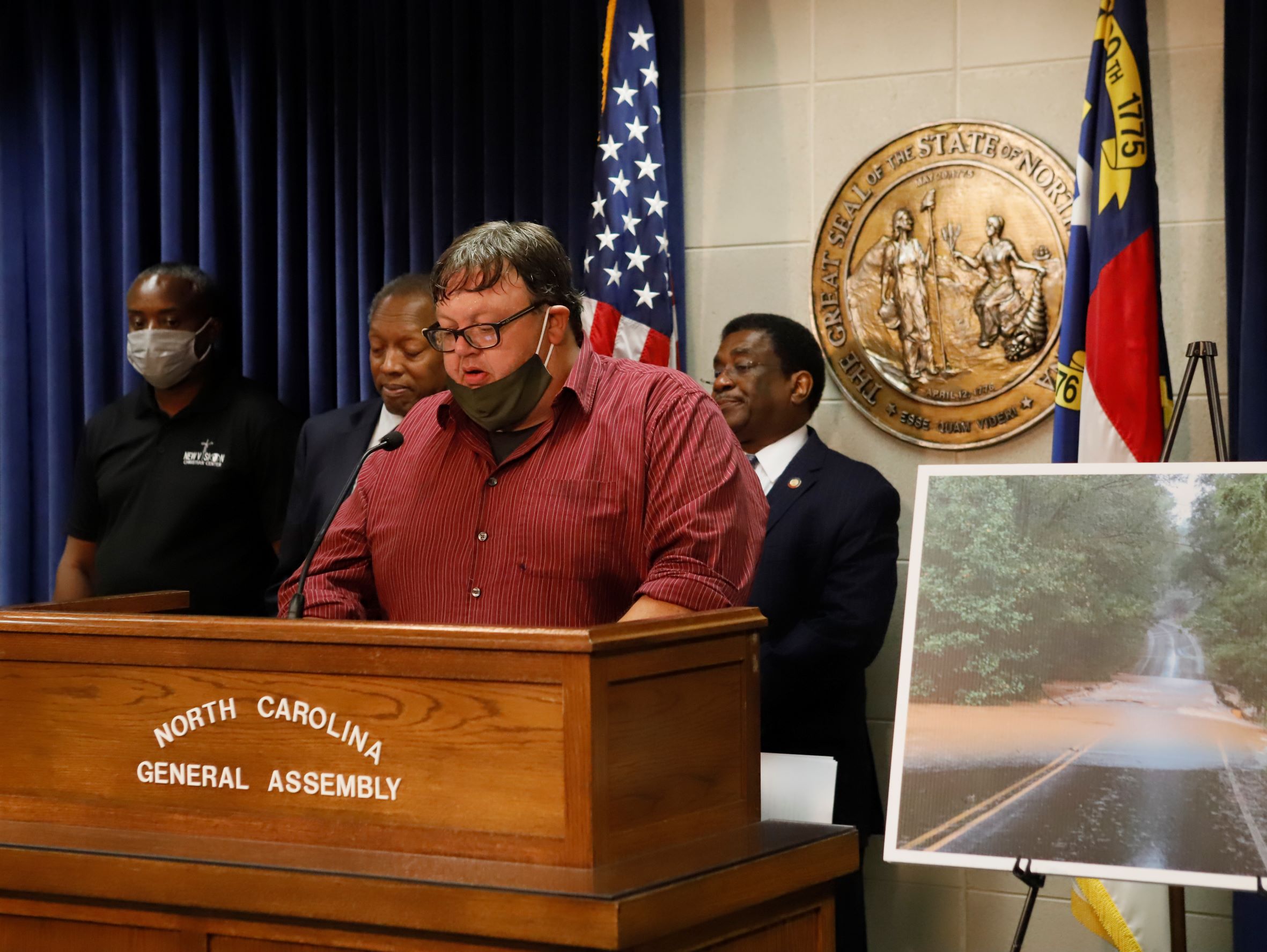 Jefferson Curie speaking at a press conference in Raleigh demanding wood pellet subsidies stop.