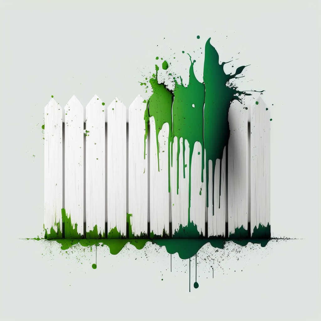 a white fence splashed with green paint, a model of greenwashing